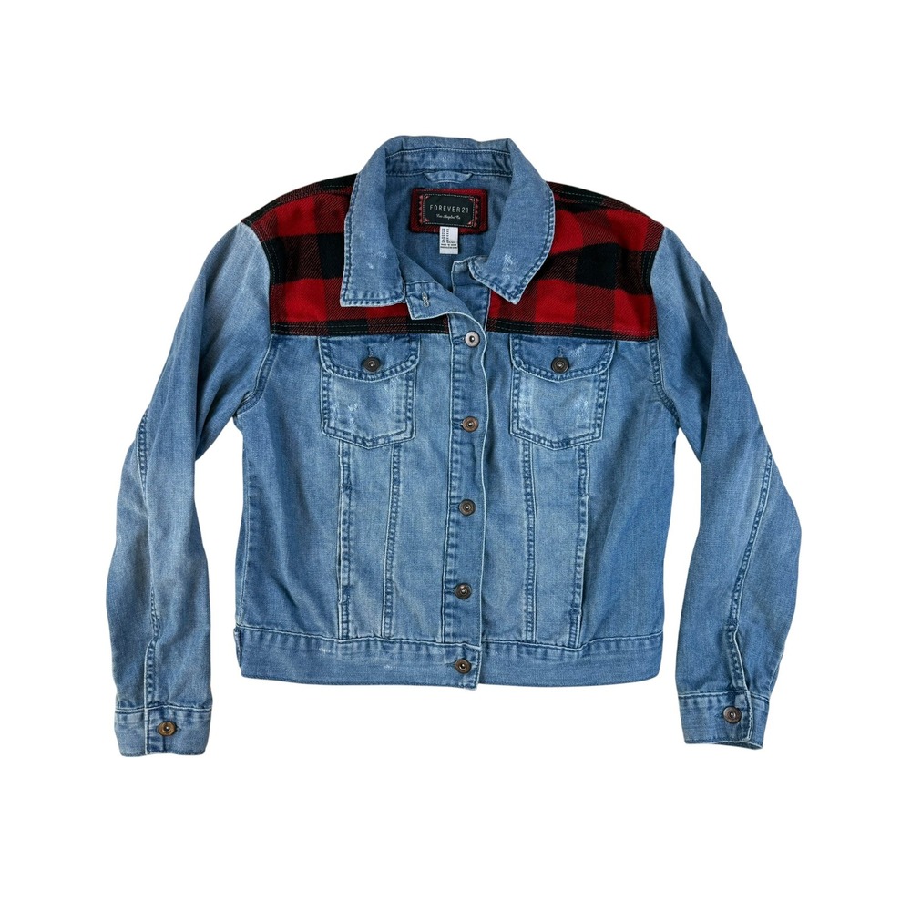 Forever 21 Medium Denim Jacket Buffalo Plaid Flannel Yoke Cotton Trucker Western